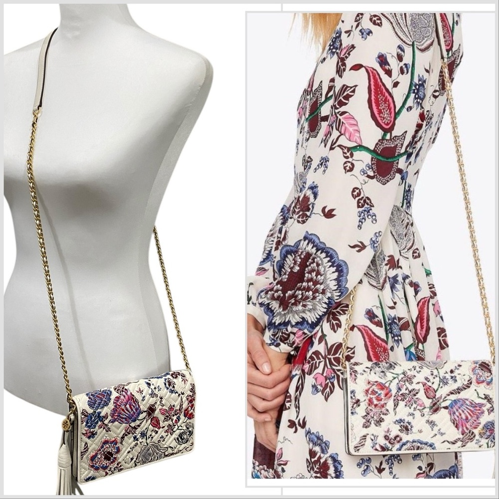 Tory Burch Like New Fleming Quilted Floral Crossbody Clutch Multi Happy … - Picture 4 of 12